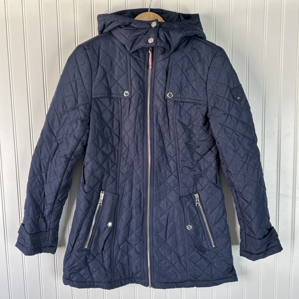 Tommy Hilfiger Quilted Full-Zip Coat Jacket Medium Women Blue Hi-Neck Hooded